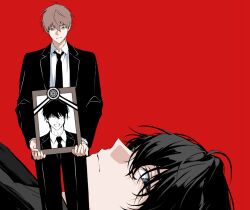  3boys black_eyes black_hair black_jacket black_necktie black_pants brown_eyes brown_hair choi_jongsu commentary_request fum0_m0 garbage_time holding holding_photo iei jacket ki_sangho korean_commentary lower_eyelashes_only lying messy_hair mole mole_under_eye multiple_boys necktie pants park_byeongchan photo_(object) red_background shirt simple_background suir suit translation_request white_shirt 