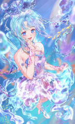  1girl absurdres arm_warmers bare_shoulders barefoot_sandals_(jewelry) bead_armlet blue_crown blue_dress blue_eyes blue_hair blue_wings blurry blurry_background commentary_request crown dress energy_wings eyelashes floating full_body hand_on_own_chin highres holding_own_dress infinity_nikki jellyfish kohanai_setsuna layered_dress light_blush liquid_clothes liquid_hair long_hair nikki_(series) open_mouth parted_bangs pink_arm_warmers rippling_reverie_(infinity_nikki) short_dress smile solo strapless strapless_dress toes twintails very_long_hair wings 