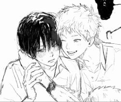  2boys arm_around_shoulder ashi_i averting_eyes blush dress_shirt fang greyscale happy hikaru_ga_shinda_natsu indou_hikaru looking_at_another male_focus mole mole_on_cheek mole_under_eye mole_under_mouth monochrome multiple_boys one_eye_closed shirt short_hair simple_background smile tsujinaka_yoshiki watch watch white_background 