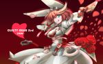  1girl ;p belt blue_eyes blush bouquet bra breasts bridal_veil cleavage cleavage_cutout clover copyright_name cravat dress earrings elphelt_valentine flower four-leaf_clover gloves grimjin guilty_gear guilty_gear_xrd gun hairband heart jewelry large_breasts long_sleeves one_eye_closed petals pink_hair puffy_long_sleeves puffy_sleeves red_bra red_rose rose short_hair shotgun smile solo spikes tongue tongue_out underwear veil weapon white_dress 