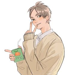  1boy arm_up blush brown_sweater collared_shirt commentary drink_carton drinking_straw grey_hair haikyuu!! highres holding holding_drink_carton holding_juice_box juice_box looking_to_the_side male_focus mole mole_under_eye ofumofu parted_bangs parted_lips shirt short_hair sideways_glance smile sugawara_koushi sweater thick_eyebrows upper_body v white_background white_shirt wing_collar 