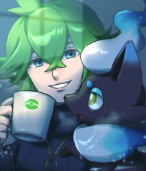  1boy alternate_costume black_sweater blue_eyes blurry breath commentary_request crossed_bangs cup depth_of_field drinking_glass fang green_hair grin hair_between_eyes hair_flaps hand_up happy highres hisuian_zorua holding holding_cup jewelry looking_at_another looking_at_viewer male_focus mug n_(pokemon) necklace open_mouth poke_ball_symbol pokemon pokemon_(creature) pokemon_black_and_white ribbed_sweater ring ring_necklace s_(esumi_kihomaru) smile sweater teeth upper_body white_hair yellow_eyes 