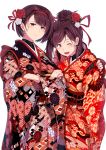  2girls blush crossed_arms earrings flower hair_flower hair_ornament highres hyuuga_(kantai_collection) ise_(kantai_collection) japanese_clothes jewelry kantai_collection kimono multiple_girls smile traditional_clothes ulrich_(tagaragakuin) winking 