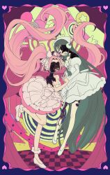  2girls absurdly_long_hair alien_stage ankle_scrunchie bandana bare_shoulders black_hair bow checkered_floor circus_tent coldmeow commentary dress dress_bow elbow_gloves english_commentary exposed_bone gloves headset heart highres holding_hands long_hair microphone mizi_(alien_stage) multiple_girls pink_dress pink_hair pink_scrunchie pink_shoes scrunchie shoes star_(symbol) strapless strapless_dress sua_(alien_stage) twintails very_long_hair violet_eyes white_bandana white_bow white_dress white_gloves white_shoes zombie_stage 