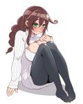  1girl blush braid breasts brown_hair cleavage cleavage_cutout green_eyes hanauna kantai_collection long_hair noshiro_(kantai_collection) open-chest_sweater pantyhose ribbed_sweater solo sweater turtleneck 