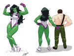  1boy 1girl ass ass_grab breasts brown_hair crossover diepod final_fight fingerless_gloves flexing from_behind gloves green_hair green_skin hand_on_hip hands_on_hips leotard long_hair marvel marvel_vs._capcom marvel_vs._capcom_3 mike_haggar muscle pose she-hulk shirtless shoes smile sneakers 