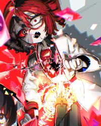  1girl absurdres black_hair broken_glass bullet_hole colored_sclera double-parted_bangs drill_hair dual_persona fangs firing glass glass_shards gun hair_between_eyes highres jacket kasane_teto lab_coat letterman_jacket muzzle_flash open_mouth red-framed_eyewear red_eyes red_hair red_sclera semi-rimless_eyewear split_theme synthesizer_v twin_drills under-rim_eyewear utau weapon yain yararara_(synthesizer_v) 