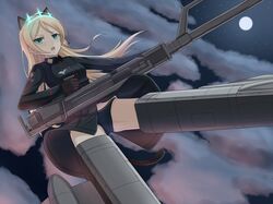  1girl animal_ears aqua_eyes blonde_hair blush brown_gloves cat_ears cat_tail clouds flying full_moon gloves gun heinrike_prinzessin_zu_sayn-wittgenstein highres hirschgeweih_antennas holding long_hair long_sleeves military military_uniform moon night night_sky open_mouth panties rabochicken sky solo star_(sky) strike_witches striker_unit tail underwear uniform weapon 