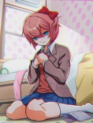  1girl absurdres air_conditioner analog_clock aruke_(gter7727) bed bed_sheet blazer blue_eyes blue_skirt bow brown_sweater_vest chromatic_aberration clock collarbone commentary doki_doki_literature_club doki_doki_literature_club_school_uniform grey_jacket hair_bow heavy_chromatic_aberration highres jacket kneehighs knees long_sleeves looking_down neck_ribbon open_clothes open_jacket orange_sweater_vest orange_vest own_hands_together pill pillow pink_hair pink_polka_dots pink_shirt pixiv_username pleated_skirt polka_dot polka_dot_background red_bow red_ribbon ribbon rope sad sayori_(doki_doki_literature_club) school_uniform shirt short_hair skirt socks solo sweater_vest thighs translated vest white_shirt white_socks 