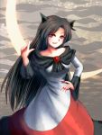  1girl animal_ears bare_shoulders blush breasts brooch brown_hair collarbone crescent_moon dress fingernails hand_on_hip honyacchi imaizumi_kagerou jewelry long_hair moon nail_polish open_mouth red_eyes solo touhou very_long_hair wolf_ears 