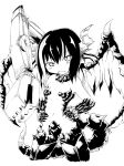  1girl absurdres animal_ears bare_shoulders clam_shell_(ole_tower) demon_girl elbow_gloves gloves highres horns kamimamu looking_at_viewer machinery monochrome ole_tower tail 