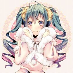  1girl aqua_hair blush detached_sleeves hatsune_miku horns long_hair shiomizu_(swat) smile solo twintails vocaloid 