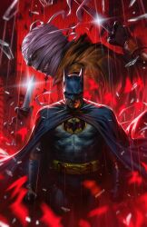  2boys bandaged_head bandages bat_mask batman batman_(series) batman_symbol belt black_cape black_gloves bodysuit brown_jacket cape clenched_teeth comic_cover commentary cover cover_page cowl dc_comics derrick_chew english_commentary gloves grey_bodysuit highres holding holding_knife hush_(dc) jacket knife looking_at_viewer male_focus multiple_boys muscular muscular_male signature superhero_costume taut_bodysuit taut_clothes teeth textless_cover_page textless_version two-tone_suit utility_belt 