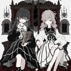  2girls absurdres black_bow black_dress black_hair book bow candelabra candle candlestand closed_eyes closed_mouth commentary cross dress earrings feet_out_of_frame grey_hair hair_between_eyes hair_bow highres holding holding_book jewelry lace_trim lolita_fashion long_hair long_sleeves looking_at_viewer multiple_girls original puffy_long_sleeves puffy_sleeves ribbon sitting smile socks throne variant_set wavy_hair white_dress yuko_(foret_noire) 