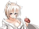  1girl ahoge animal_ears bare_shoulders blush breasts cleavage collarbone hat holding holding_hat inubashiri_momiji japanese_clothes kimono looking_at_viewer nekoro_(nekokabuto) red_eyes short_hair silver_hair simple_background smile solo touhou white_background wolf_ears 