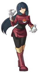  1girl black_hair blue_hair blunt_bangs bodystocking bodysuit bodysuit_under_clothes breasts cropped_jacket floating floating_object gloves highres hime_cut jacket long_hair long_sleeves medium_breasts pencil_skirt poke_ball poke_ball_(basic) pokemon pokemon_firered_and_leafgreen red_eyes red_jacket red_skirt sabrina_(pokemon) side_slit skirt solo straight_hair telekinesis tikuwabu_33 turtleneck turtleneck_jacket white_gloves 