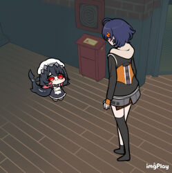  2girls belle_(zenless_zone_zero) black_hair black_jacket blue_hair cat_breakdancing_(meme) chibi colored_inner_hair commentary_request crossed_arms ellen_joe fins fish_tail hair_ornament hairband jacket letter_hair_ornament looking_at_another maid_headdress meme metal_hairband mole mole_under_eye multicolored_hair multiple_girls otu_(o2h2_oh4) red_eyes red_hair scar scar_on_tail shark_girl shark_tail short_hair standing tail two-tone_hair watermark zenless_zone_zero 