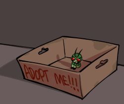 1boy antennae box chibi chibi_only compound_eyes highres in_box in_container kamen_rider kamen_rider_shin legs_folded legs_together mada_mada_miu red_eyes shin_kamen_rider_prologue sitting solo squatting 