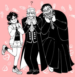  1boy 2girls :3 ? akagi:_yami_ni_oritatta_tensai coat dress earrings elizabeth_junko fukumoto_mahjong full_body jacket jewelry long_hair long_sleeves looking_at_another mamiya_(yami-ma_no_mamiya) multiple_girls multiple_rings nurrrrrrrrrru3 old old_man old_woman open_clothes open_coat open_mouth pants ring shirt shoes short_hair shorts socks standing standing_on_one_leg syringe tobaku_haouden_zero vest washizu_iwao yami-ma_no_mamiya 
