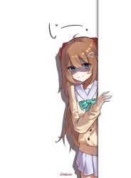  1girl ahoge aqua_bow aqua_bowtie artist_name blue_eyes blue_sailor_collar blue_skirt blush bow bowtie brown_hair cardigan closed_mouth commentary cowboy_shot from_side hair_between_eyes hair_ornament heart heart_hair_ornament highres long_hair looking_at_viewer miniskirt nebbiula neuro-sama neuro-sama_(1st_costume) pleated_skirt sailor_collar shaded_face skirt smile solo two_side_up vedal_ai virtual_youtuber white_background yellow_cardigan 