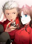  1boy 1girl archer blue_eyes brown_hair fate/stay_night fate_(series) gem grey_hair jewelry necklace niu_illuminator toosaka_rin white_hair 