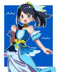  1girl :d akari_(pokemon) akari_(summer_2026)_(pokemon) bare_shoulders black_hair blue_background blue_dress blue_eyes border clenched_hand dress eyelashes hair_ribbon highres long_hair looking_at_viewer official_alternate_costume open_mouth outline outside_border pokemon pokemon_masters_ex ponytail ribbon smile solo strapless strapless_dress tnm_ilu white_border white_outline white_ribbon 