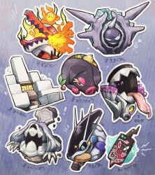  aqua_eyes berry_(pokemon) black_sclera blue_background brown_eyes cellphone claws closed_eyes cloyster colored_sclera commentary_request dirt eating fire fire_bird_(skeledirge) food food_in_mouth fruit garganacl grin highres houndstone leppa_berry mars_symbol miraidon non-humanoid_robot nostrils notice_lines odo_7ta oinkologne oinkologne_(male) one-eyed one_eye_closed open_mouth outline phone pink_eyes pixel_eyes poke_ball poke_ball_(basic) poke_ball_symbol pokemon pokemon_(creature) pokemon_focus revavroom robot rotom rotom_phone saliva sandwich sitrus_berry skeledirge smartphone smile solid_oval_eyes teeth tombstone tongue tongue_out translation_request venus_symbol white_outline 