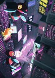  absurdres armor blue_skin building colored_skin crosswalk double_blade floating highres higunjun horns humanoid_robot iron_valiant neon_lights no_humans on_rooftop pokemon pokemon_(creature) pokemon_focus porygon-z red_skin ringed_eyes road robot single_horn skyscraper standing street tail white_armor yellow_eyes 