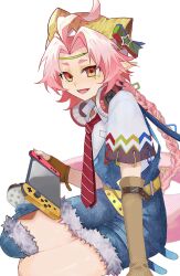  1girl absurdres ahoge arknights blush braid brown_gloves commentary_request crocs denim denim_overalls facial_mark fang gloves handheld_game_console haru_torimaru hat hat_ribbon headband headphones headphones_around_neck highres holding holding_handheld_game_console long_hair necktie nintendo_switch open_mouth pink_hair pointy_ears red_necktie ribbon rose_salt_(arknights) shirt simple_background sitting smile solo very_long_hair white_background white_shirt 