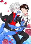  2boys brown_hair couple flower grey_hair hand_kiss highres ikari_shinji kiss momohara_kana multiple_boys nagisa_kaworu neon_genesis_evangelion petals plugsuit rose smile yaoi 