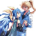  blue_eyes blue_hair bow couple dancing dizzy guilty_gear guilty_gear_xrd hair_bow holding_hands husband_and_wife ky_kiske long_hair ponytail red_eyes simple_background smile waist_grab white_background whitesesame wings 