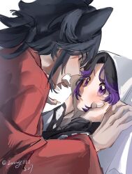  1boy 1girl animal_ears black_hair blush closed_mouth fingernails hair_between_eyes haori highres japanese_clothes kimetsu_no_yaiba long_fingernails long_hair looking_at_another low_ponytail multicolored_hair open_mouth oshino_shinobu ponytail purple_hair red_haori simple_background spiky_hair tomioka_giyuu two-tone_hair upper_body white_background zzzziy111 