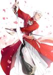  1boy absurdres archer chinese_clothes dual_wielding fate/stay_night fate_(series) highres kanshou_&amp;_bakuya linjie petals solo sword weapon white_hair 
