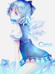  1girl blue_eyes blue_hair bow character_name cirno dress hair_bow ice ling_(vivianling) open_mouth ribbon short_hair solo touhou wings 
