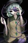  1girl anata_(lighttuner) black_background black_sclera covering_one_eye creepy eyeball green_hair hat komeiji_koishi long_sleeves red_eyes shirt short_hair simple_background smile solo string third_eye touhou upper_body wide_sleeves 