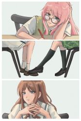 2girls bang_dream! bang_dream!_it's_mygo!!!!! black_shoes blue_eyes brown_hair brown_sweater_vest chihaya_anon closed_mouth dress fang glasses green_skirt grey-framed_eyewear grey_eyes grey_socks haneoka_school_uniform highres implied_yuri interlocked_fingers long_hair multiple_girls nagasaki_soyo pink_hair school_uniform shirt shoes skin_fang skirt socks sweater_vest tsukinomori_school_uniform w_(juusepx) white_dress white_shirt white_socks 