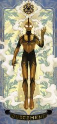 1boy bald black_skin blue_background card_(medium) character_name clouds colored_skin compound_eyes dorsal_fin english_text floating full_body gears glowing glowing_eyes gold_skin highres judgement_(tarot) looking_at_viewer male_focus multicolored_skin sapica5 shin_ultraman smoke solo tarot tarot_(medium) tokusatsu ultra_series white_eyes yellow_skin zetton_(shin) zoffy_(shin) 