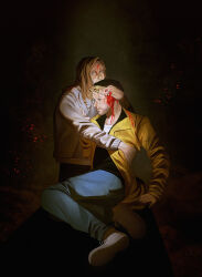  1boy 1girl absurdres beard beard_stubble blood blood_on_face brown_eyes brown_hair casual coat eva_stratt facial_hair grahamsfemme highres hug messy_hair open_clothes open_coat project_hail_mary ryland_grace stubble yellow_coat 