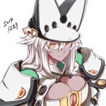  1girl 2014 belt beltbra breasts bust cape cleavage colored_eyelashes dark_skin guilty_gear guilty_gear_xrd hat large_breasts long_hair ramlethal_valentine simple_background solo white_background white_hair whitesesame yellow_eyes 
