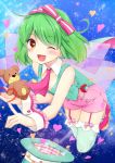  1girl green_hair heart highres looking_at_viewer macross macross_frontier natsu_(natume0504) one_eye_closed open_mouth ranka_lee short_hair smile solo thigh-highs 