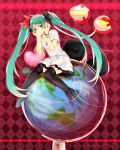  1girl argyle argyle_background bracelet cake cat food globe green_eyes green_hair hatsune_miku highres jewelry long_hair pudding sitting skirt thigh-highs twintails umigumo_yuuna very_long_hair vocaloid world_is_mine_(vocaloid) 
