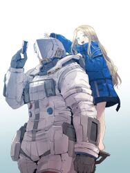  1boy 1girl absurdres blonde_hair blue_background blue_coat child coat commentary diana_(pragmata) gradient_background green_eyes helmet highres holding hugh_williams kato_takuji long_hair long_sleeves padded_coat person_on_back pragmata puffy_coat puffy_long_sleeves puffy_sleeves science_fiction solo space_helmet spacesuit untranslatable_commentary white_background 