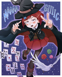  1girl absurdres bird blue_gem blush boots brown_hair cape card club_(shape) commentary danganronpa_(series) danganronpa_v3:_killing_harmony diamond_(shape) dove english_commentary flower gem green_flower hat heart highres kiana_mai pink_flower playing_card red_flower red_hair red_skirt skirt solo space spade_(shape) white_bird witch_hat yumeno_himiko 