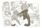  2girls ^_^ animal_ears animal_hood choker closed_eyes collage comic copyright_request eating food forehead-to-forehead fork greyscale hairband hood kasuga_yukihito lamia long_hair monochrome monster_girl multiple_girls sewing sick silent_comic smile towel towel_on_head yuri 