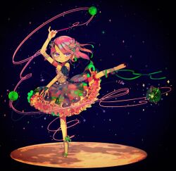  1girl ankle_bow arm_up ballerina ballet ballet_slippers bare_shoulders black_background bow bracelet commentary crescent crescent_hair_ornament dancing dress earrings english_commentary fishnets frilled_dress frilled_skirt frills full_body hair_ornament jewelry leg_ribbon leg_up long_hair looking_at_viewer mixed-language_commentary moon original pink_hair planet planet_hair_ornament ribbon shoes skirt smile solo space sparkle standing standing_on_one_leg star_(sky) star_(symbol) star_hair_ornament terada_tera tutu violet_eyes 