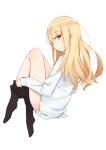  1girl black_legwear blonde_hair blush dress_shirt full_body highres knees_together_feet_apart long_hair long_sleeves looking_back open_mouth pantyhose pantyhose_pull perrine_h_clostermann seedflare shirt sideways_mouth simple_background solo strike_witches white_background yellow_eyes 