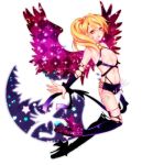  1boy ballet_boots benio_(zone-00) blonde_hair boots bulge demon_tail earrings jewelry lock male_focus padlock scar solo tail tattoo thighhighs trap wings yellow_eyes zone-00 