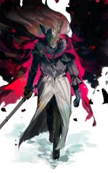  1girl absurdres amputee armor black_cloak brown_cloak cape cloak covered_eyes elden_ring fui_(fui29493452) fur_cloak gold_armor golden_sword helmet helmet_over_eyes highres holding holding_sword holding_weapon hood hooded_cape hooded_cloak malenia_blade_of_miquella mechanical_arms one_eye_closed prosthesis prosthetic_arm prosthetic_leg red_scarf scarf site_of_grace smile sword weapon winged_helmet 