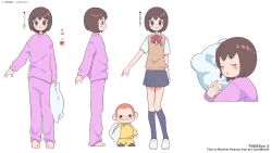  1boy 1girl :3 artist_name barefoot black_eyes black_feet blush_stickers bob_cut bow bowtie breasts brown_eyes brown_hair brown_sweater_vest buzz_cut character_request chibi closed_eyes collared_shirt color_guide commentary_request cropped_torso dated english_text head_on_pillow highres holding holding_pillow hugging_object large_ears long_sleeves looking_at_viewer medium_hair monkey_(rhythm_tengoku) no_pupils open_mouth pajamas pants parted_lips pillow pink_pajamas pink_pants red_bow red_bowtie reference_sheet rhythm_tengoku school_uniform shirt short_hair short_sleeves simple_background sleeping small_breasts smile sweater_vest tendoshi toes translation_request twitter_username very_short_hair white_background white_shirt yellow_pants 