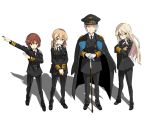  4girls alternate_costume bismarck_(kantai_collection) black_ribbon blonde_hair blue_eyes blush braid brown_eyes brown_hair cane collared_shirt crossed_arms epaulettes female_admiral_(kantai_collection) gloves grey_hair hair_ribbon hat iron_cross iwasaki_takashi jacket jacket_on_shoulders kantai_collection long_hair long_sleeves military military_uniform multiple_girls necktie old_woman pants peaked_cap prinz_eugen_(kantai_collection) ribbon shadow shoes short_hair smile twintails uniform white_gloves z3_max_schultz_(kantai_collection) 